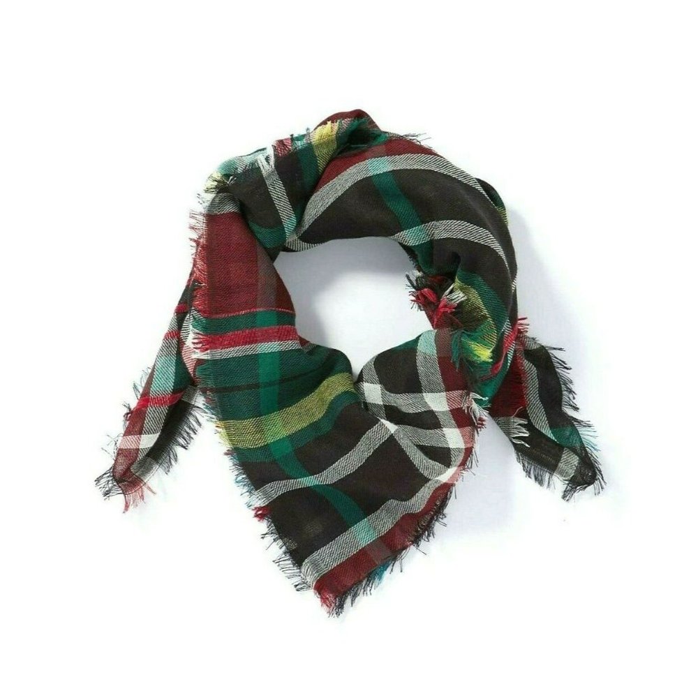 J Jill Square Scarf Black Green Red Plaid Stripe Pattern NEW Fringe 40x40